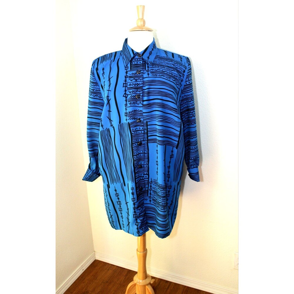 Corpcore Geo VTG JACLYN SMITH Top Blouse Blue Black Op Art LS French Cuffs #03